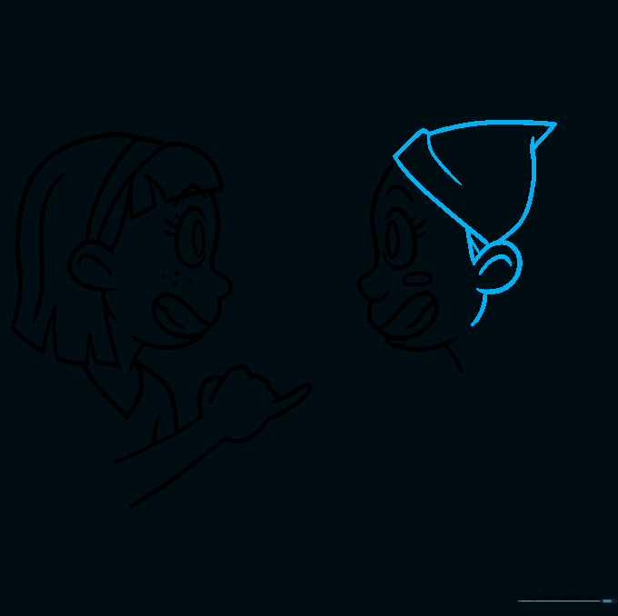 Drawing of the second girl wearing a scarf around her head.