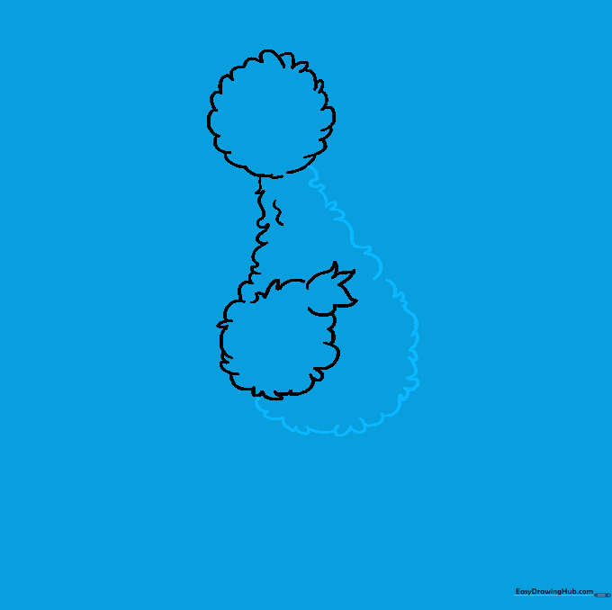 Outlining the main body shape of Big Bird using feathery, curved lines.