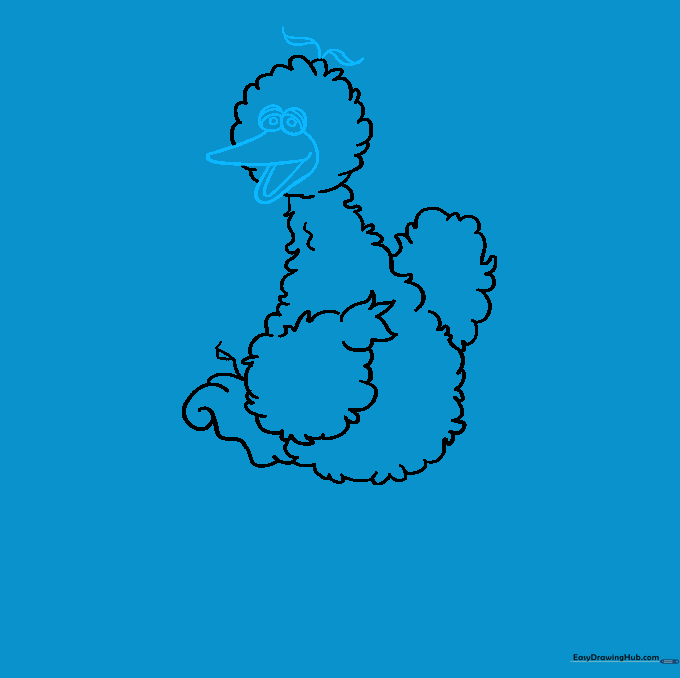 Detailing Big Bird's face with eyes, eyelids, beak, and head feathers.