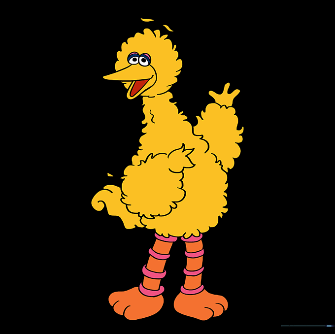 The final colored drawing of Big Bird with bright yellow feathers and orange details.