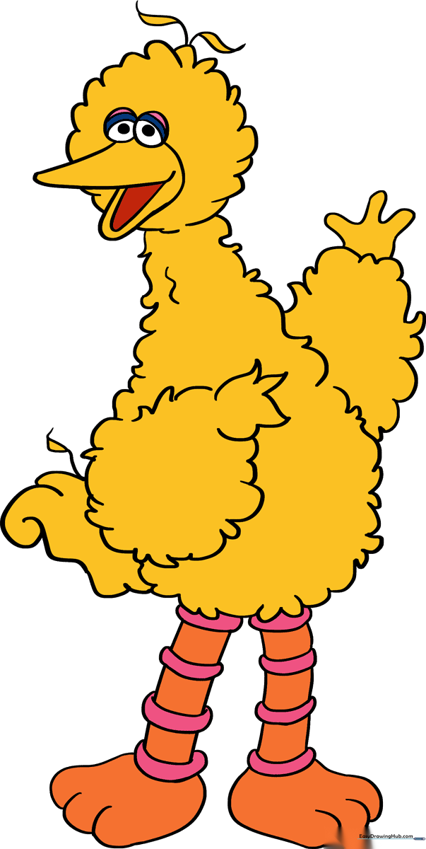 A colorful, finished illustration of Big Bird standing tall, ready for a drawing lesson.