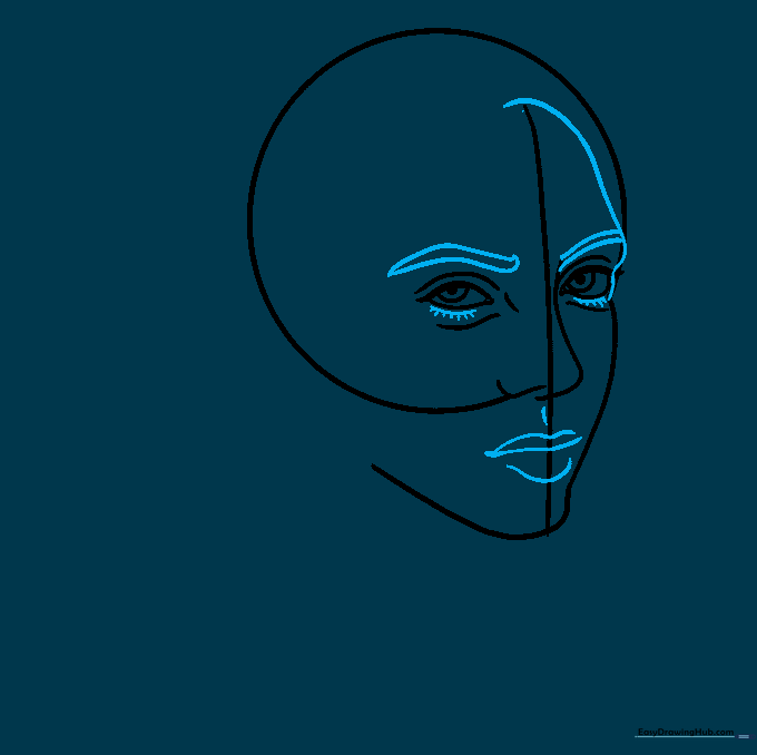 Adding eyebrows, eyelashes, and lips to complete the facial features.