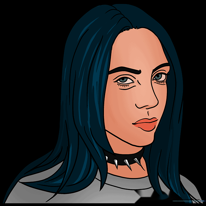 The completed Billie Eilish drawing with black hair and clothing.