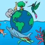 A colorful, finished illustration of a biodiversity scene featuring various animals and Earth.