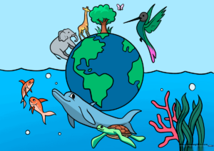 A colorful, finished illustration of a biodiversity scene featuring various animals and Earth.