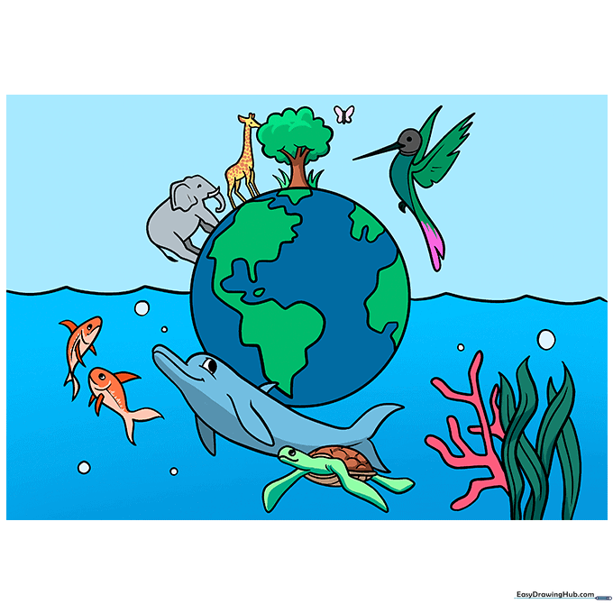 The completed, fully colored biodiversity drawing showing a healthy planet with land and sea animals.