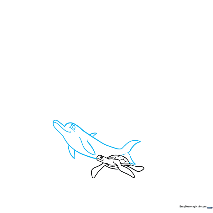 Sketch of a cartoon dolphin added to the scene, showing its curved body and pointed fins.