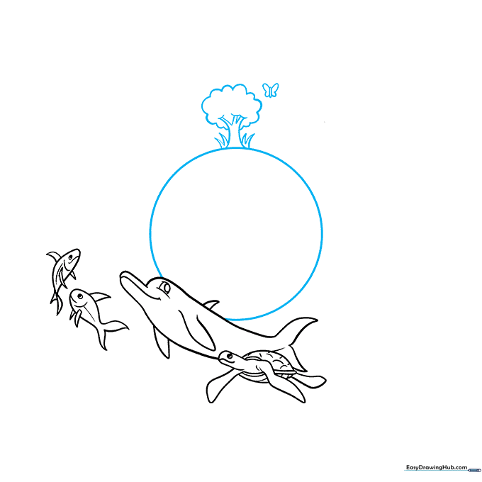 Sketch of a large circle for Earth with a small tree and butterfly drawn on top.