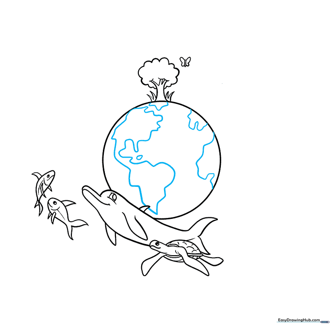 The Earth circle now includes rough outlines of continents to show landmasses.