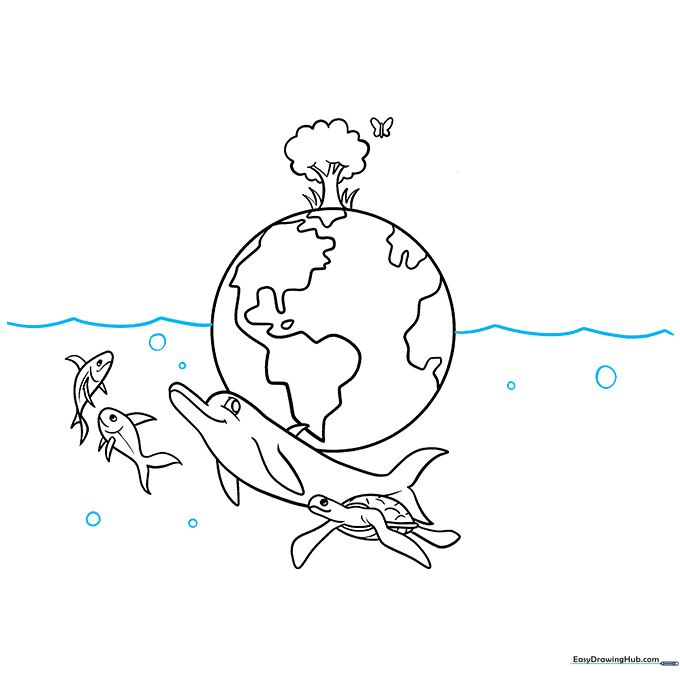 A wavy horizon line added to the drawing with several circular bubbles floating below.
