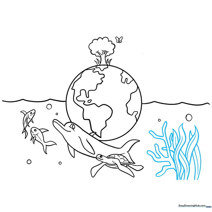 Detailed seaweed and coral structures added to the bottom of the ocean scene.
