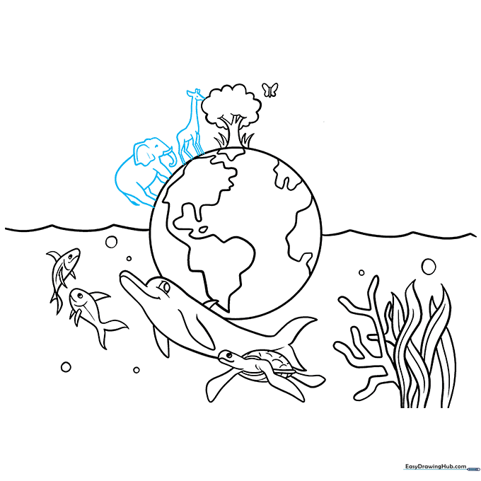 An elephant and a giraffe sketched onto the land portion of the Earth drawing.