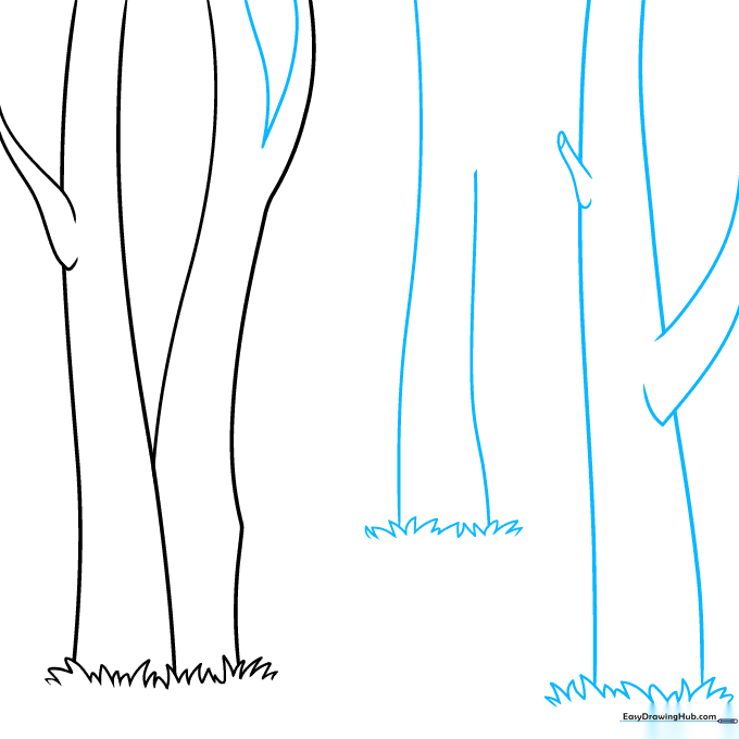 Drawing showing the addition of branch forks and extra grass clusters at the base of the trees.