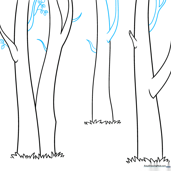 Sketch showing the addition of leaf clusters using teardrop shapes on the upper branches.