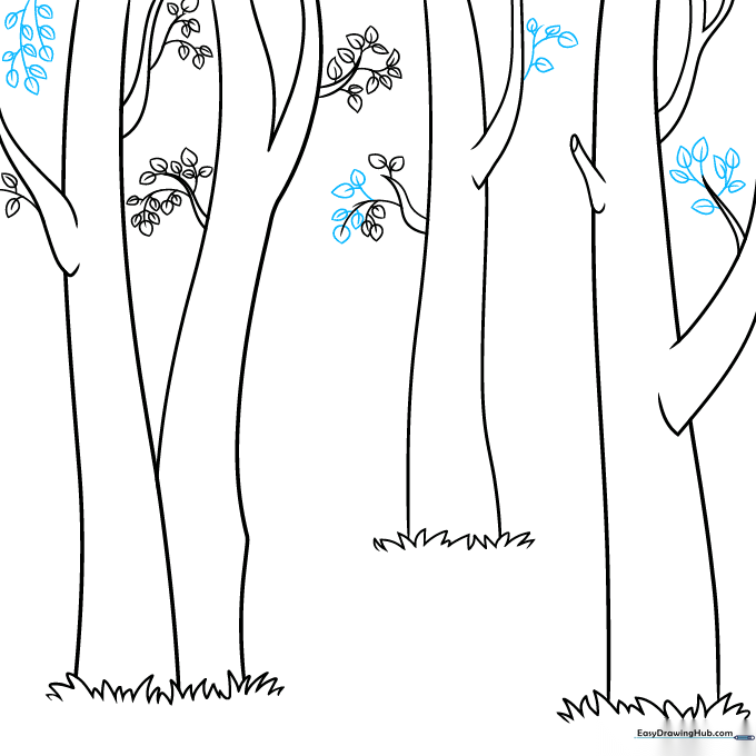 Detailed view of adding varied leaf shapes to the branches to increase visual density.