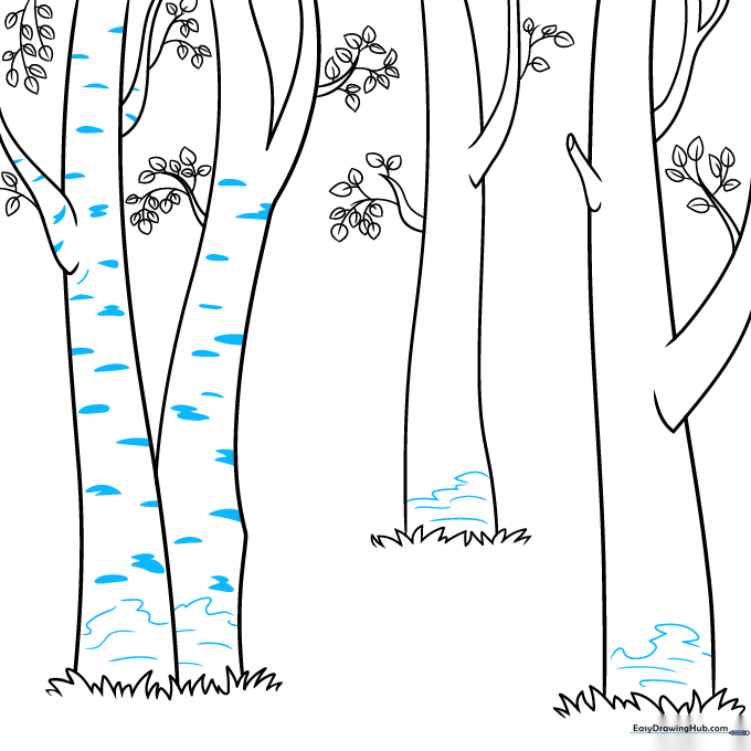 Close-up of adding horizontal dash marks to the tree trunks to create bark texture.