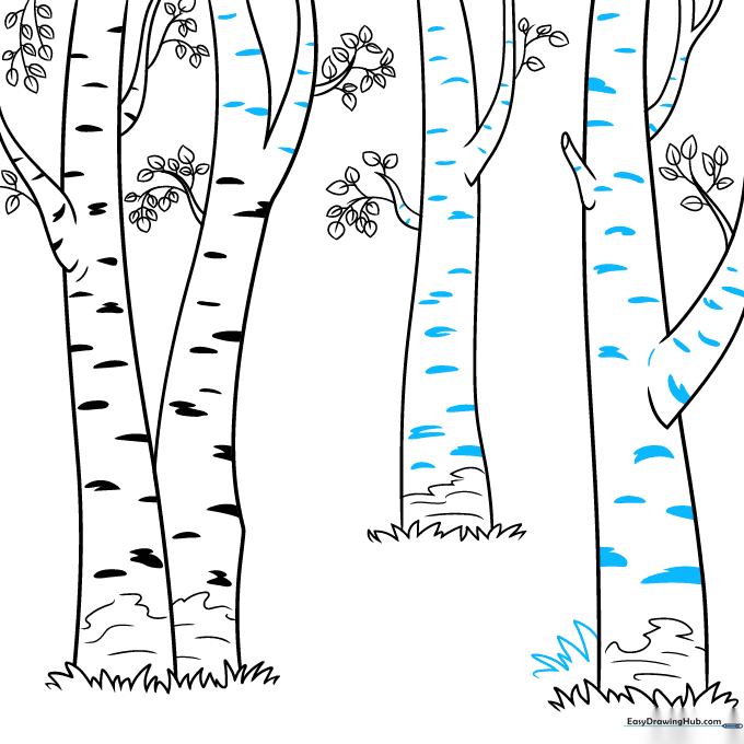 Refining the bark texture with additional dark horizontal marks and adding more grass details.