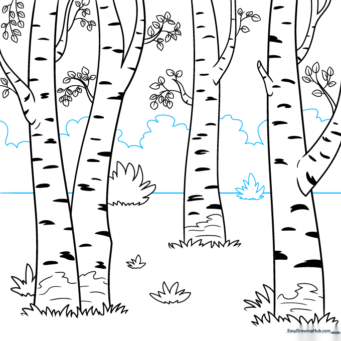 Final line art showing the completed forest scene with horizon line and clear outlines.