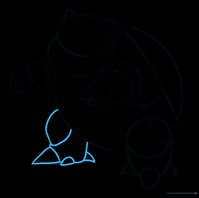 Sketch of the rear leg showing the knee joint and toes positioned behind the body.
