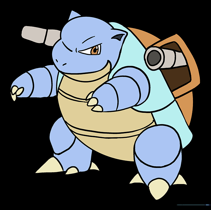 Finished, colored illustration of Blastoise with blue skin and brown shell.