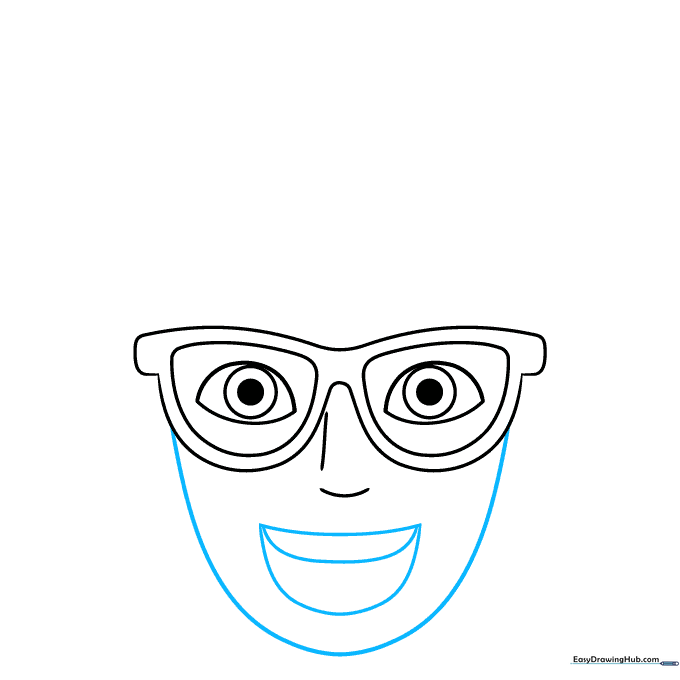 Drawing the U-shaped jawline and a wide, happy open mouth.