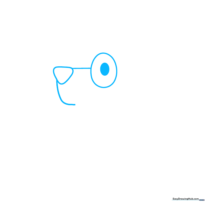 Close-up of Bluey's eye and nose sketch on white paper.