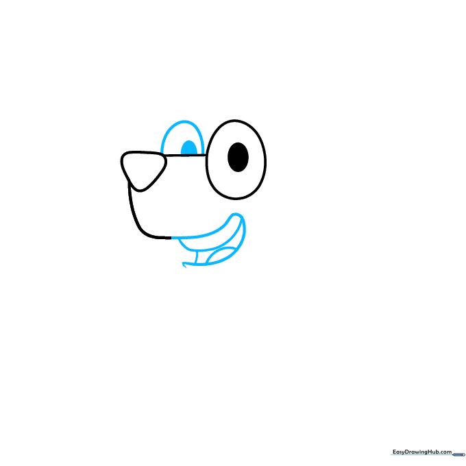 Drawing the second eye and a wide, smiling mouth for Bluey.