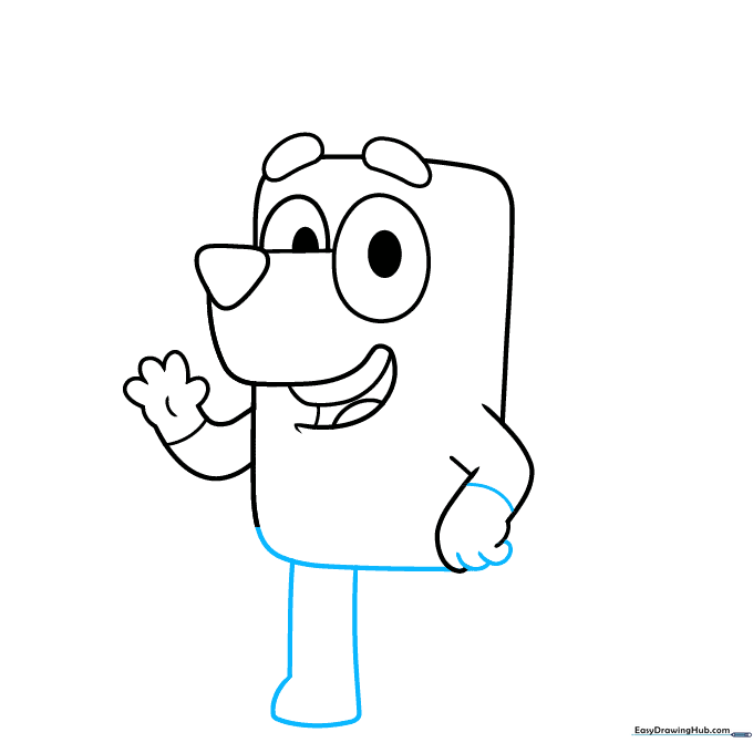Drawing the first leg and foot of Bluey.