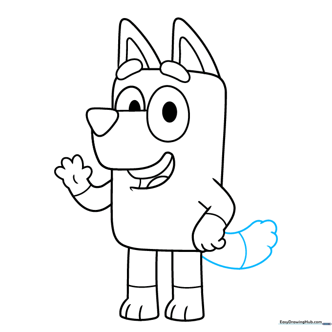 Sketching a fluffy tail on the back of the character.