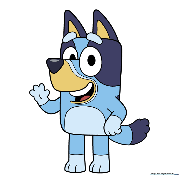 Final colored drawing of Bluey showing various shades of blue and tan.