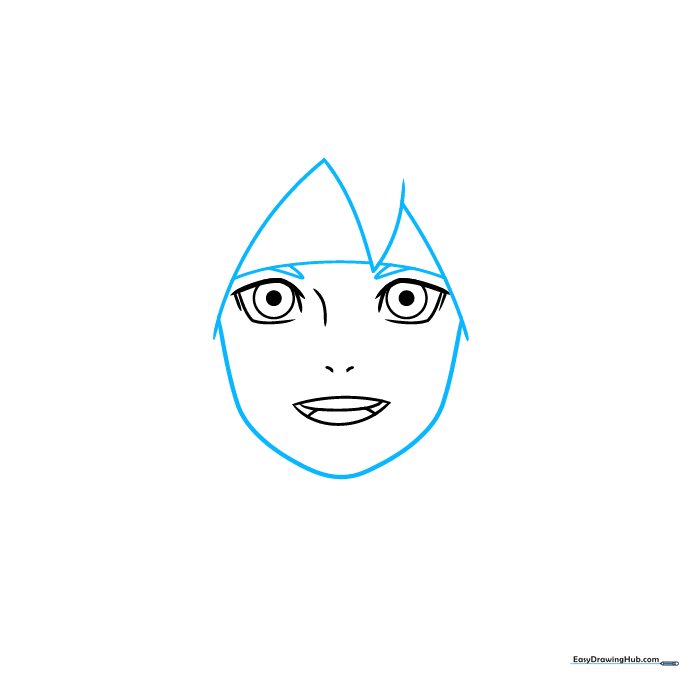 Outline of Boruto's face shape, jagged hair, and headband base.