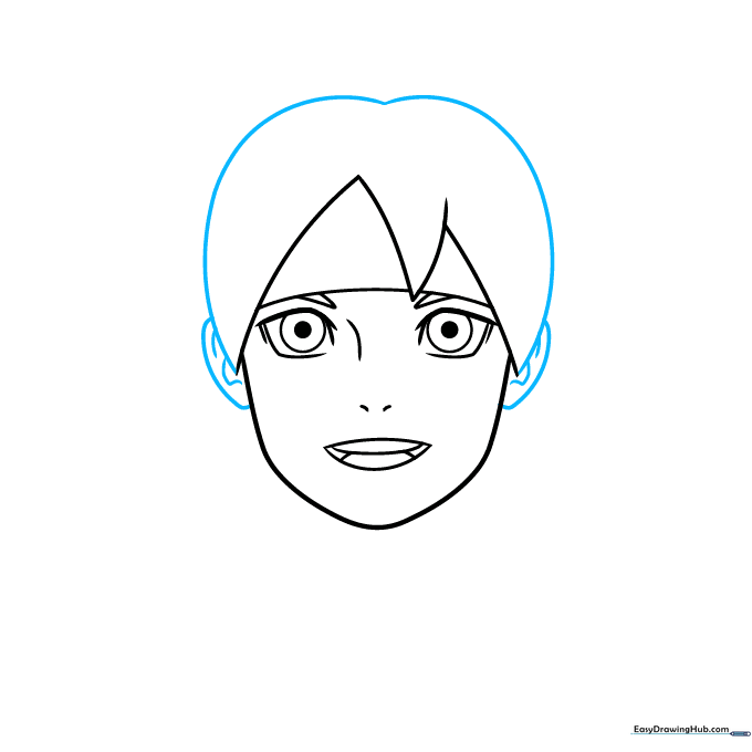 Drawing the top section of Boruto's spiky hair and his ears.