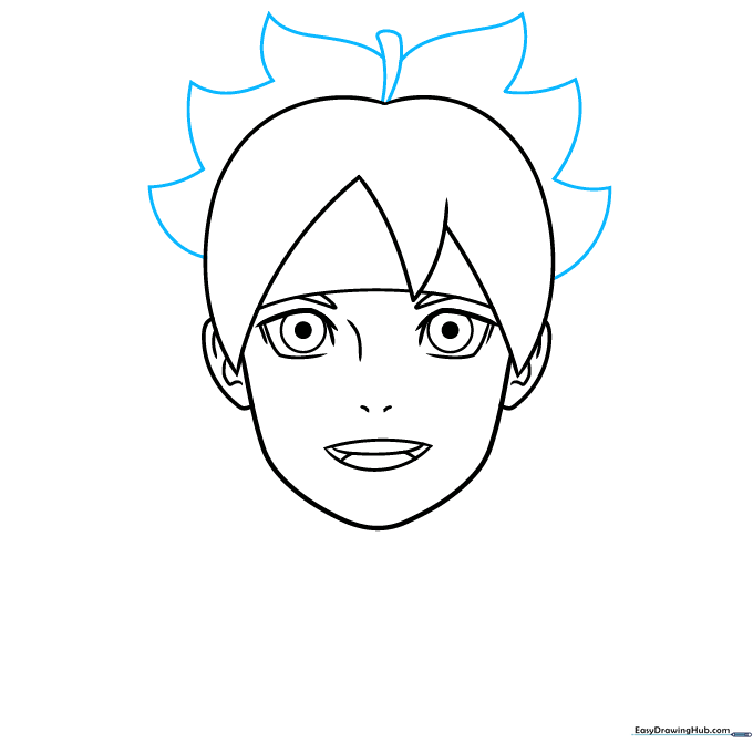 Detailing the top spikes of Boruto's hair with sharp, angular lines.