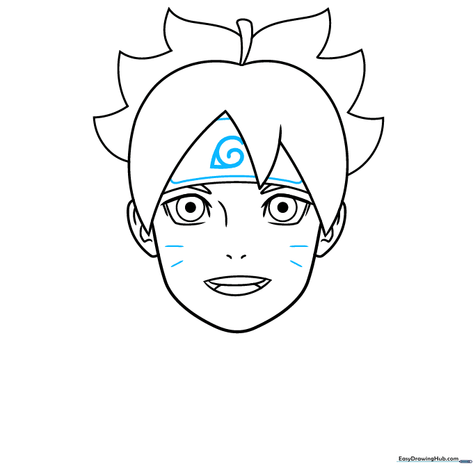Adding the Leaf Village symbol to the headband and whisker marks on Boruto's cheeks.