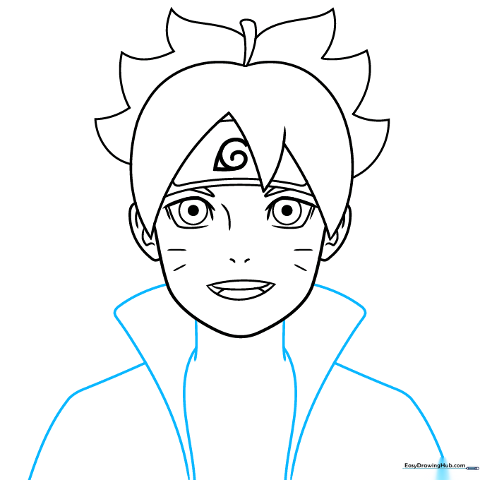 Sketching the neck and the high collar of Boruto's ninja jacket.