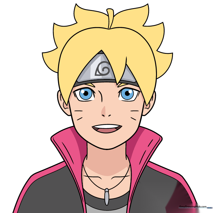 Finished Boruto Uzumaki drawing colored with yellow hair, blue eyes, and silver headband.