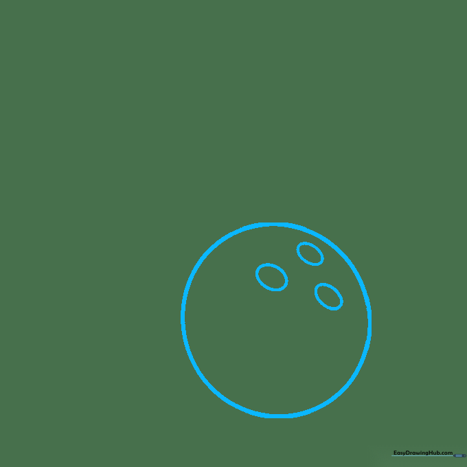 Pencil sketch of a circular bowling ball with three finger holes arranged in a triangle.