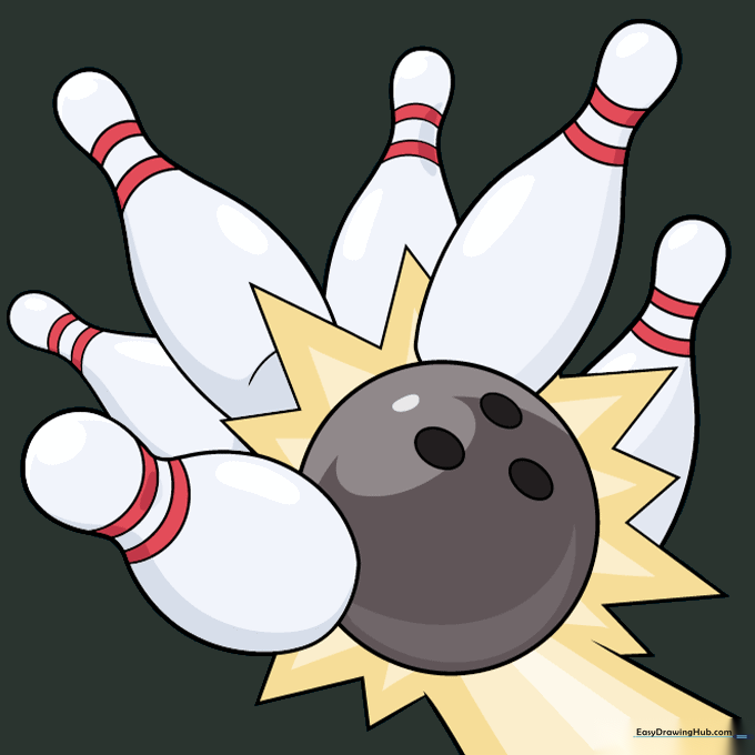 The completed, colored bowling strike drawing with vibrant colors.