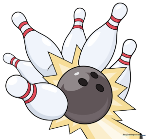 A colorful, finished drawing of a bowling ball hitting pins, showing a strike.