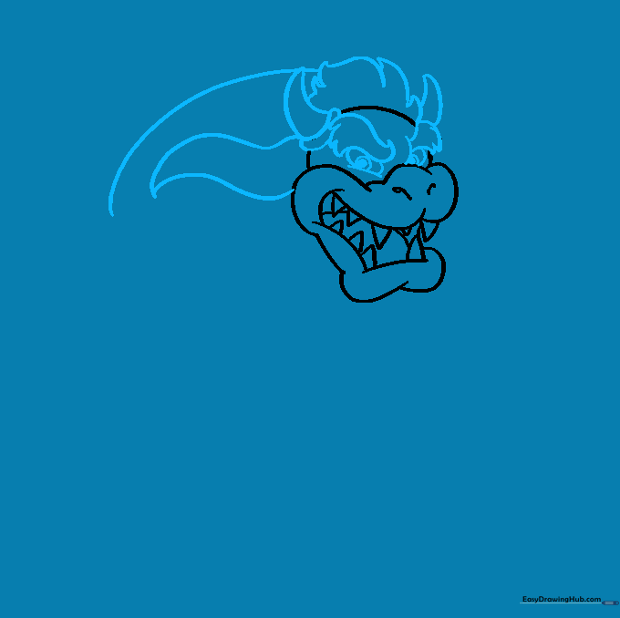 Detailed sketch of Bowser's eyes, eyebrows, and horns added to the head structure.