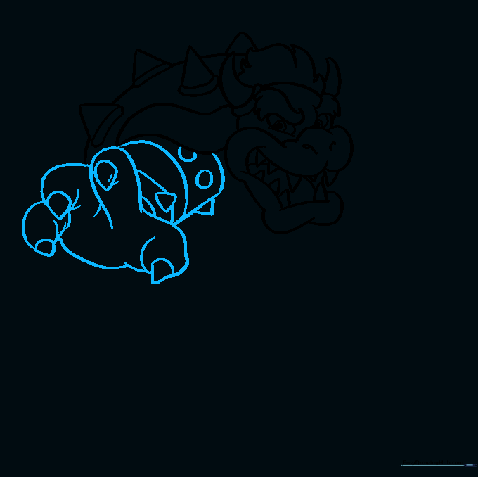 Step-by-step illustration of Bowser's arm, hand, and sharp claws.