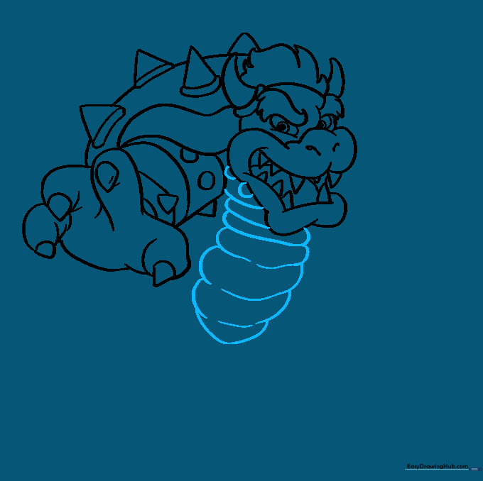Pencil lines forming the curved, segmented texture of Bowser's underbelly.
