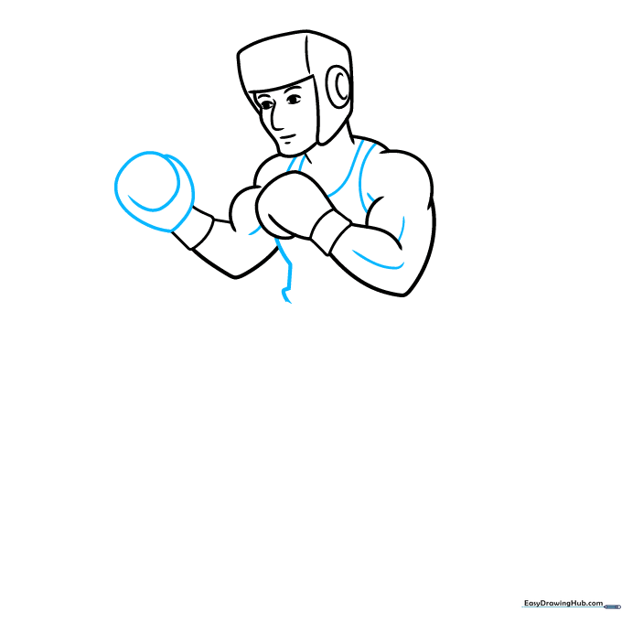 Adding detail to the boxing gloves and defining the torso shape.
