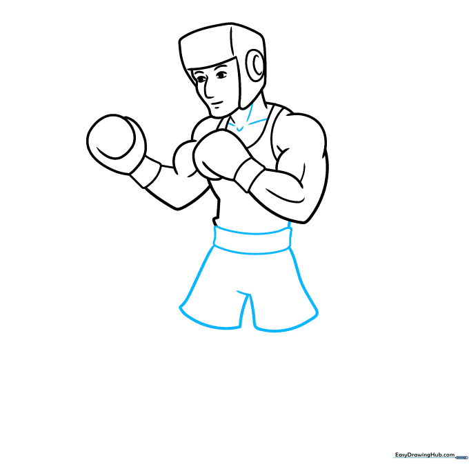Drawing the boxer's torso and the waistband of the boxing shorts.
