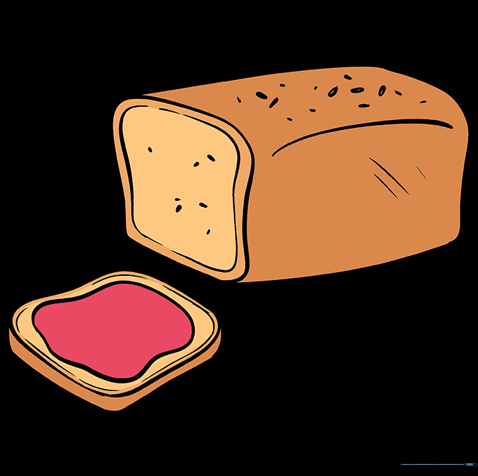 The finished bread drawing colored with warm brown crusts and yellow butter.