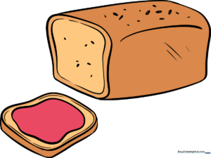 A colorful, finished cartoon drawing of a loaf of bread and a slice with butter.