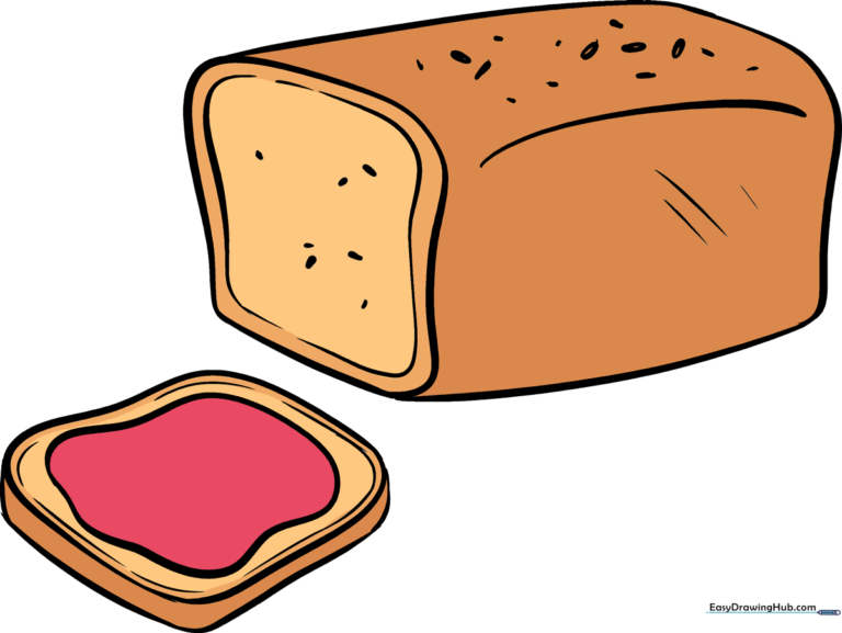 A colorful, finished cartoon drawing of a loaf of bread and a slice with butter.