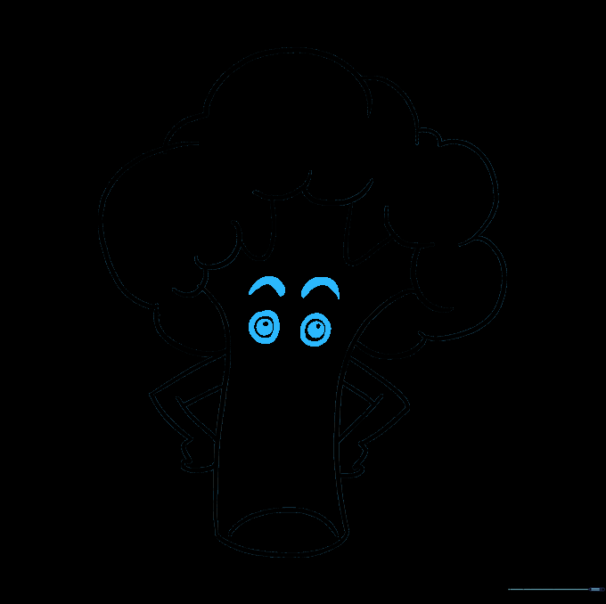 Adding expressive eyes and eyebrows to the center of the broccoli stalk.