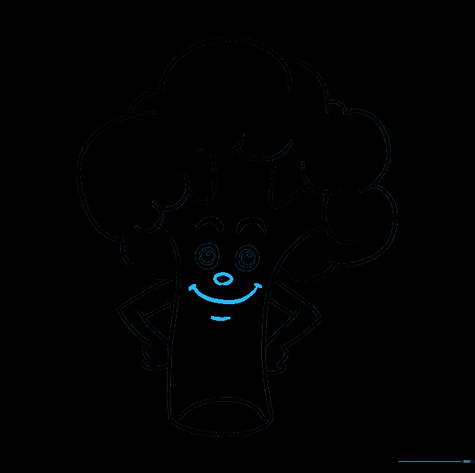 Adding a nose and a wide, happy smile to the broccoli character's face.