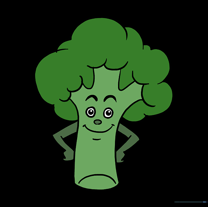The finished broccoli drawing colored with vibrant green shades.